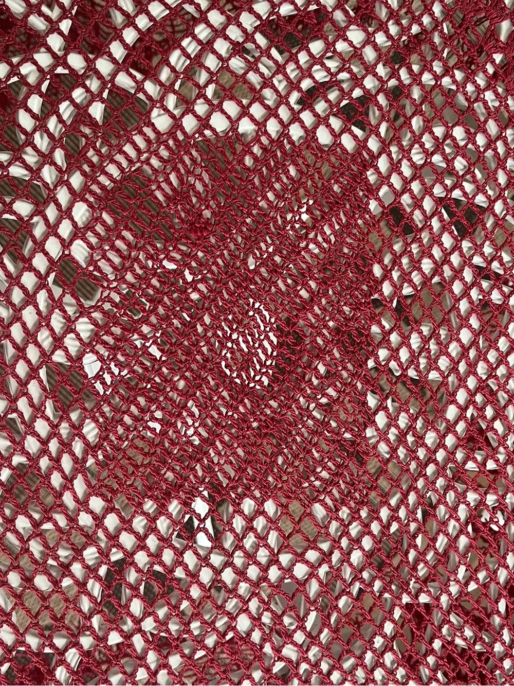 Antique Hand Crochet Burgundy Fringe Tablecloth
